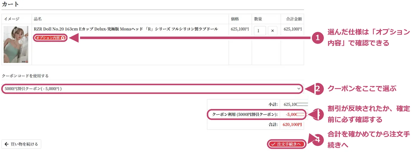 代理店のカート画面。クーポンを選ぶと小計 625,100円 から 5,000円 が引かれ、合計 620,100円 になる